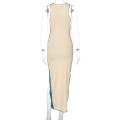 2021 Wholesale hot selling women clothing summer sleeveless patchwork elegant long high slit bodycon fashion casual sexy dress